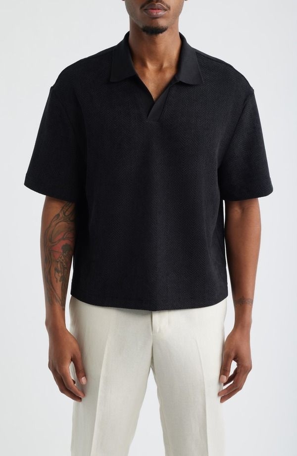 オープンエディット メンズ トップス ポロシャツ ニット Open Edit Knit Johnny Collar Polo Black ブラック