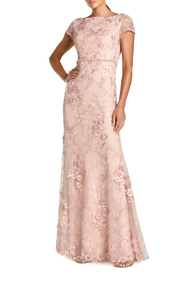 マックダガル レディース トップス ワンピース フラワー柄 キャップ フラワー Mac Duggal Floral Applique Boat Neck Cap Sleeve Gown Blush ブラッシュ