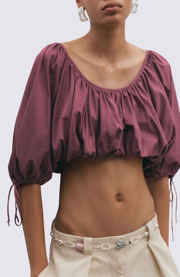 マンゴ レディース トップス シャツ コットン MANGO Blusa Bambino Puff Sleeve Crop Cotton Blend Top Cherry