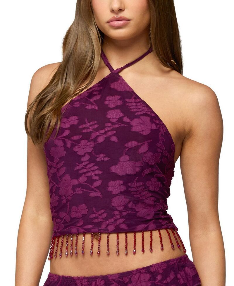 アディクテッド レディース トップス シャツ フリンジ ホルター Edikted Keyla Bead Fringed Textured Halter Toplum プラム