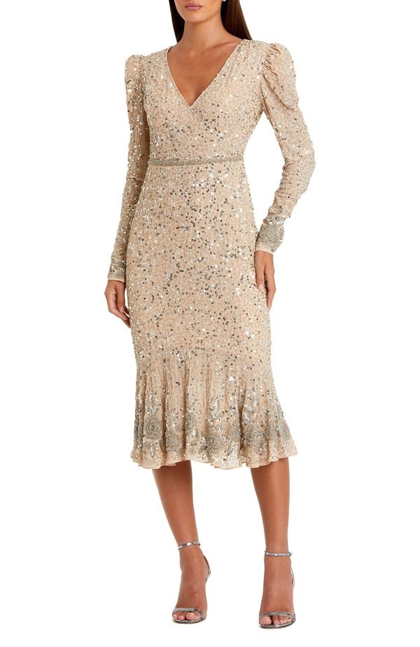 マックダガル レディース トップス ワンピースパンコール Mac Duggal Sequin Long Sleeve with Trumpet Hem Beadedetail Nude Silver シルバー