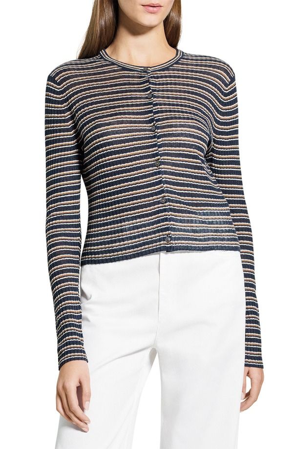 セオリー レディース アウター パーカー・スウェット カーディガン リネン Theory Stripe Crop Linen Blend Cardiganocturne Blue Multi ブルー
