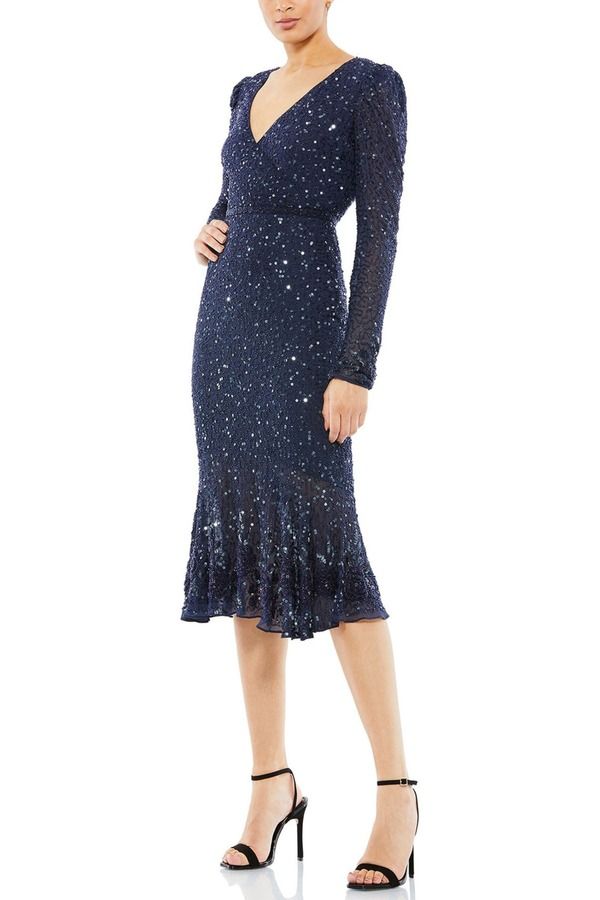 マックダガル レディース トップス ワンピースパンコール Mac Duggal Sequin Long Sleeve with Trumpet Hem Beadedetail Midnight