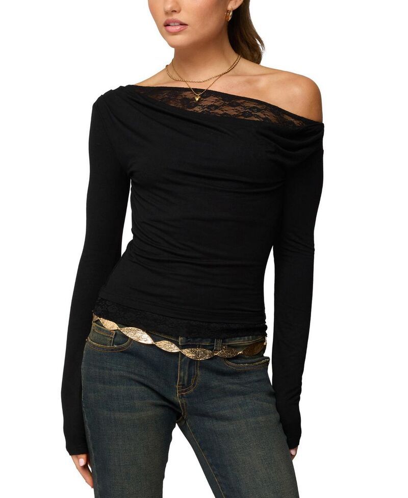 アディクテッド レディース トップス シャツ レース Edikted Layered Lacey Off Shoulder Top Black ブラック