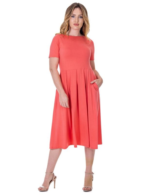 24 セブンコンフォート レディース トップス ワンピース ミディ 24seven Comfort Apparel Midi Dress with Short Sleeves and Pocket Detail Coral コーラル