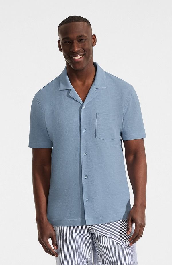 ランズエンド メンズ トップス シャツ コットン リネン Lands End Short Sleeve Cotton Linen Button Through Camp Collar Shirt Oasis Blue ブルー