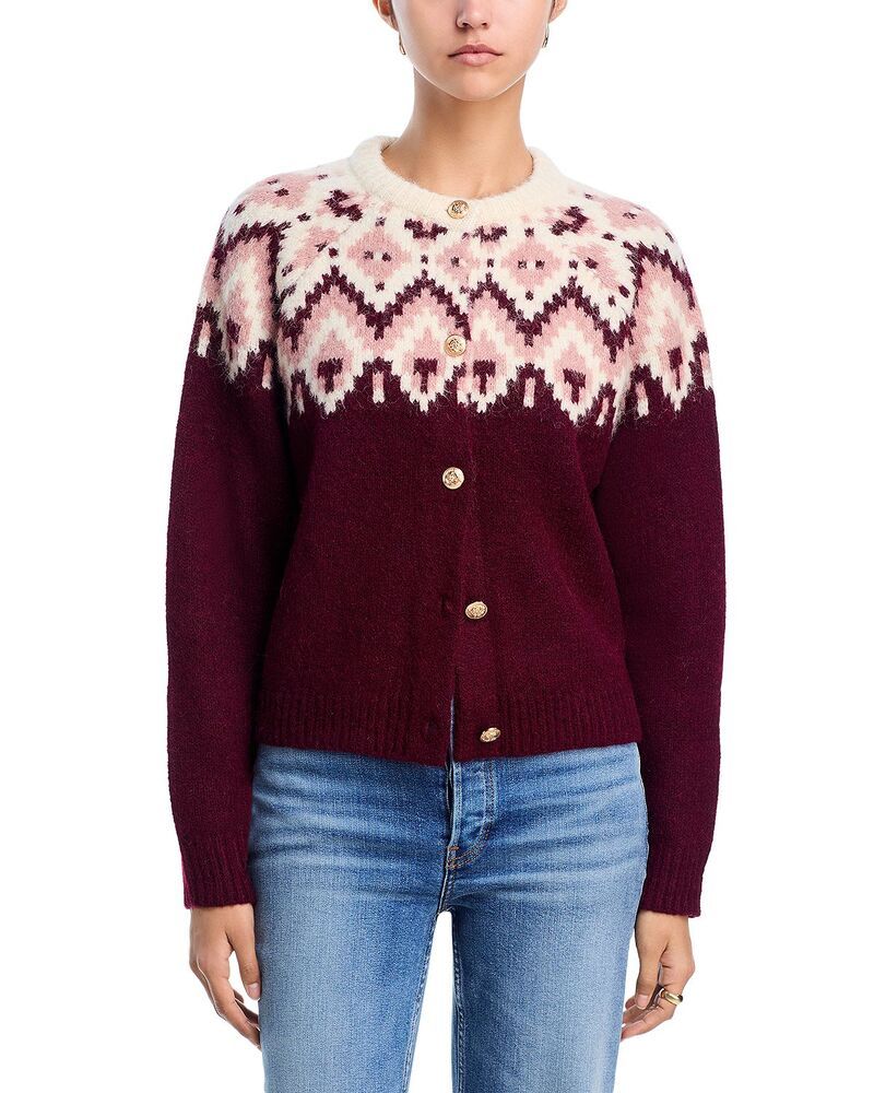 アクア レディース アウター カーディガン クルーネック AQUA Fair Isle Crewneck Cardigan Exclusive Burgundy バーガンディ