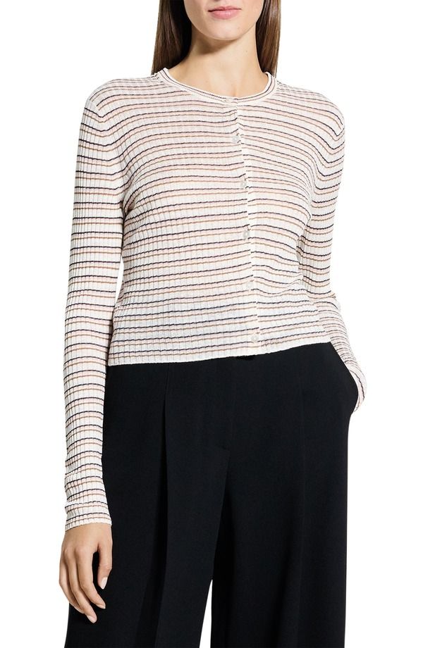 セオリー レディース アウター パーカー・スウェット カーディガン リネン Theory Stripe Crop Linen Blend Cardigan Bone Pink Multi ピンク