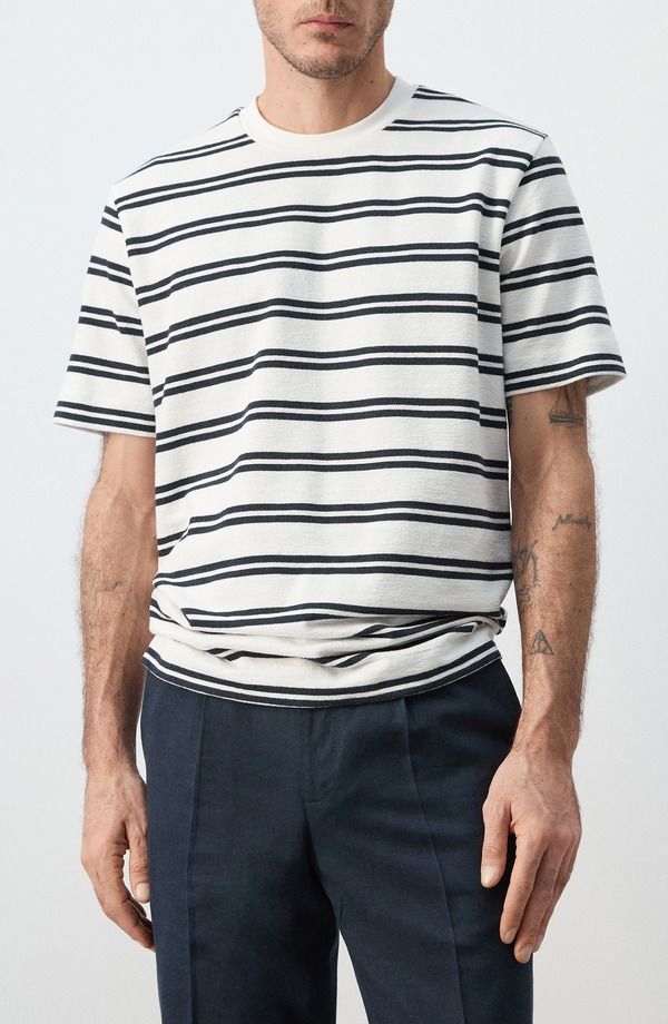 マンゴ メンズ トップス Tシャツ レギュラーフィット コットン MANGO Regular Fit Stripe Cotton Blend TShirt White ホワイト