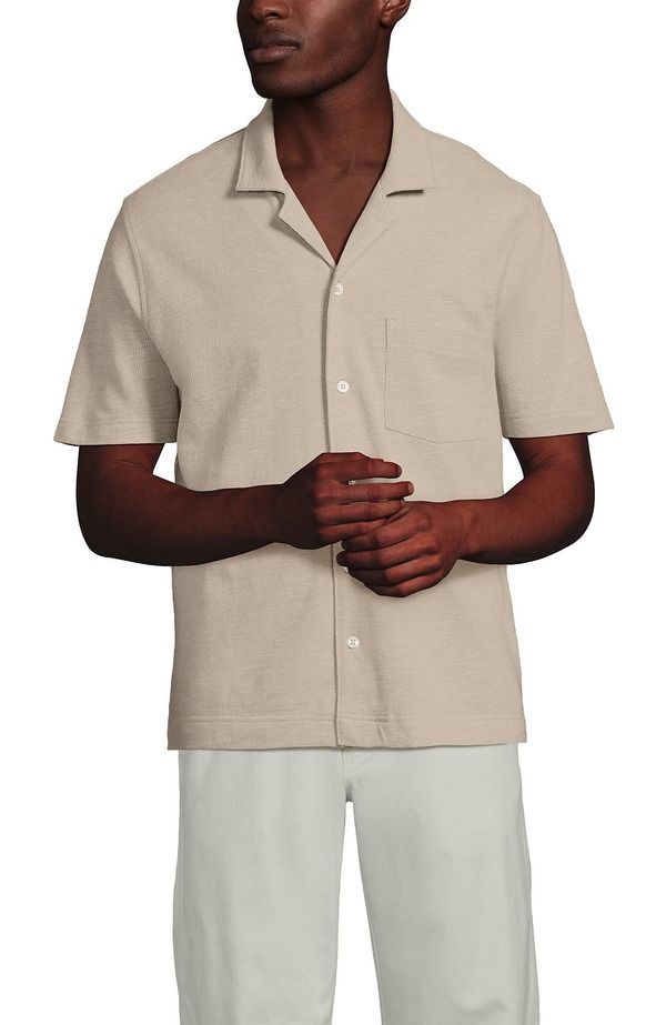 ランズエンド メンズ トップス シャツ コットン リネン Lands End Short Sleeve Cotton Linen Button Through Camp Collar Shirt Khaki Sand Heather ヘザー