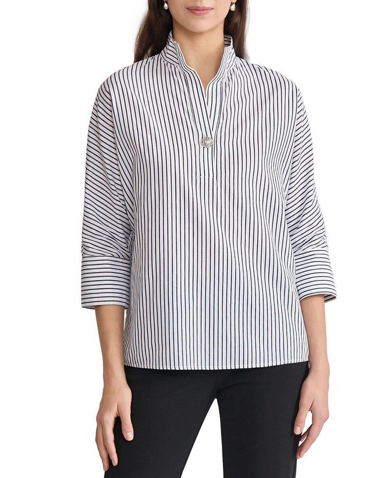 ミンウォン レディース トップス シャツ コットン ブラウス Ming Wang Pinstripe Dolman Sleeve Cotton Blouse Black White ホワイト