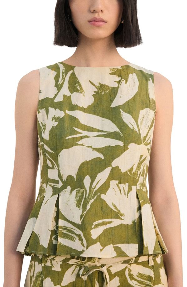 マンゴ レディース トップス シャツ プリント MANGO Printed Peplum Top Green グリーン