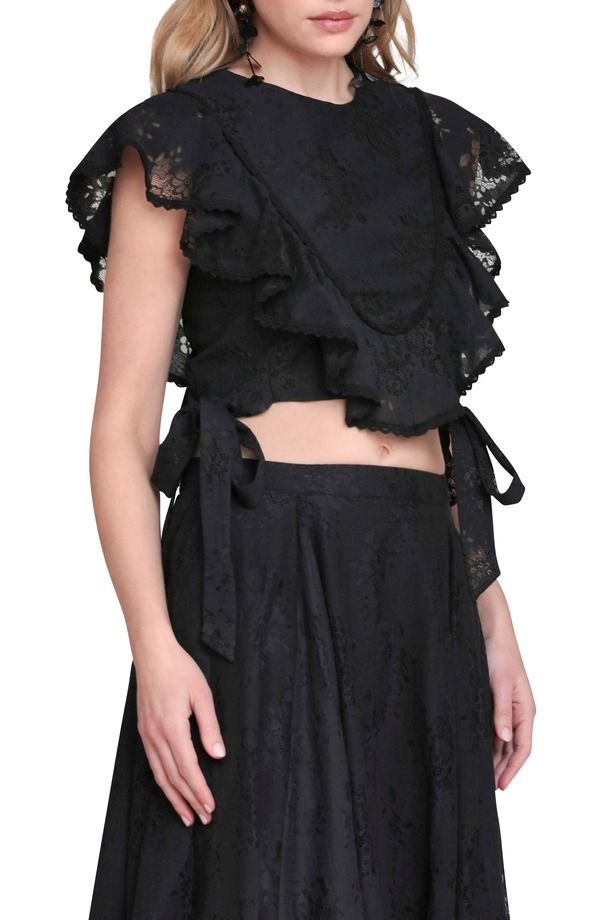 アヴェックレフィーユ レディース トップス シャツ フリル レース Avec Les Filles Lace Ruffle Crop Top Black ブラック