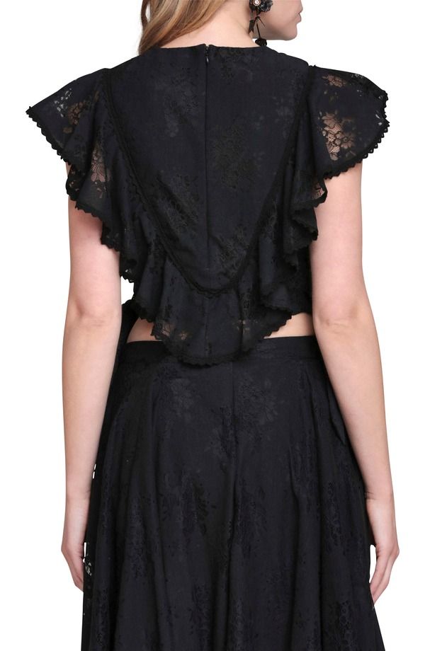 アヴェックレフィーユ レディース トップス シャツ フリル レース Avec Les Filles Lace Ruffle Crop Top Black ブラック