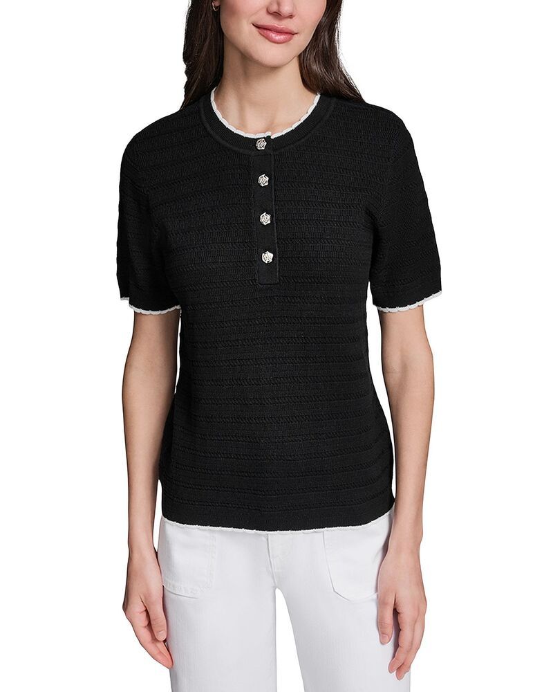 カール ラガーフェルド レディース アウター ニット・セーター KARLAGERFELD PARIShort Sleeve Button Front Sweater Black Soft White ホワイト