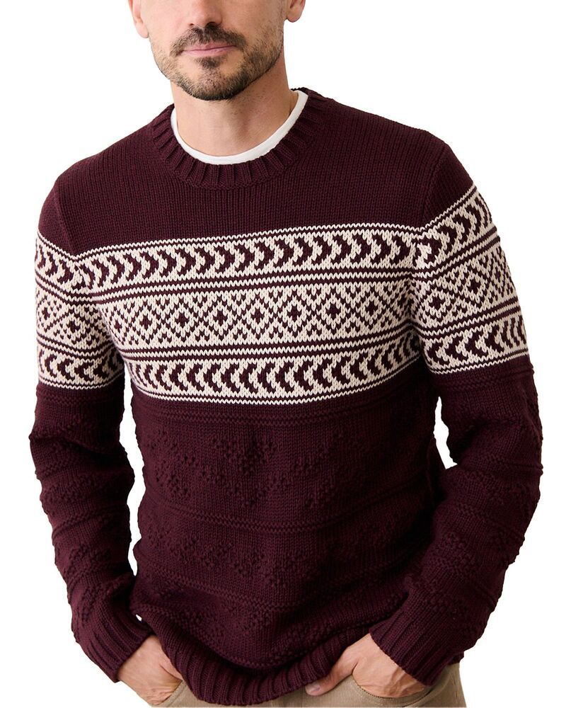 マリーン レイヤー メンズ アウター ニット・セーター クルーネック Marine Layer Textured Fair Isle Crewneck Sweater Burgundy バーガンディ