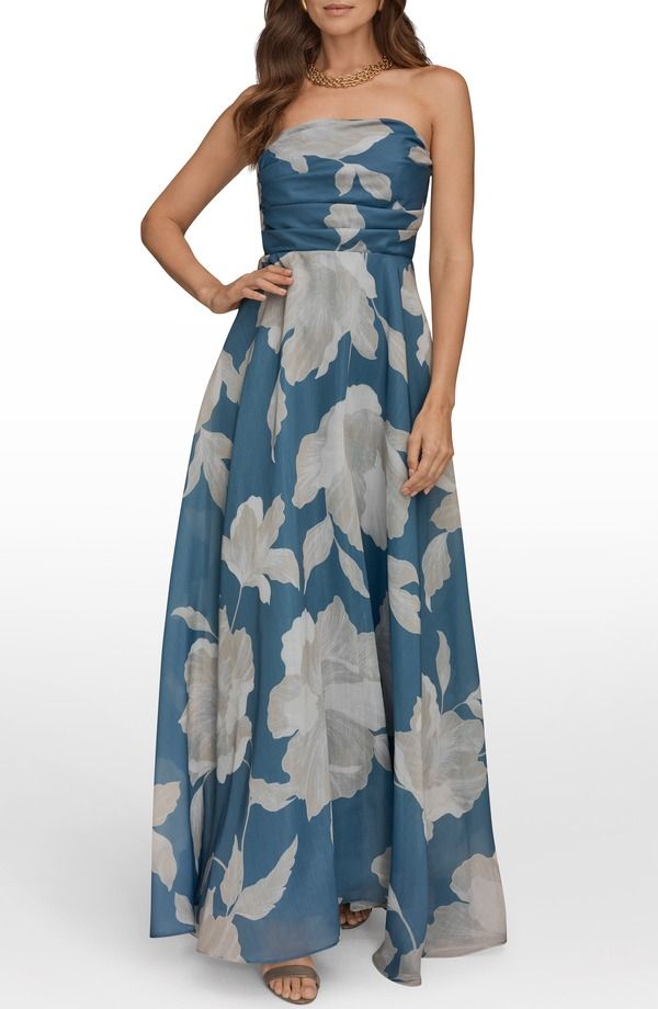 ダナ キャラン ニューヨーク レディース トップス ワンピース フラワー柄 プリント ストラップレス フラワー Donna Karanew York Strapless Floral Print Gown Washed Indigo Cream Dim クリー