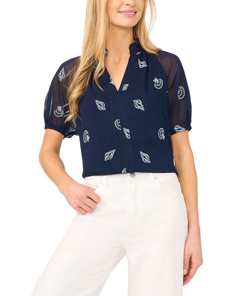 セセ レディース トップス シャツ フリル 刺繍 ブラウス CeCe Ruffle Neck Embroidered Seashell Blouse Classic Navy ネイビー