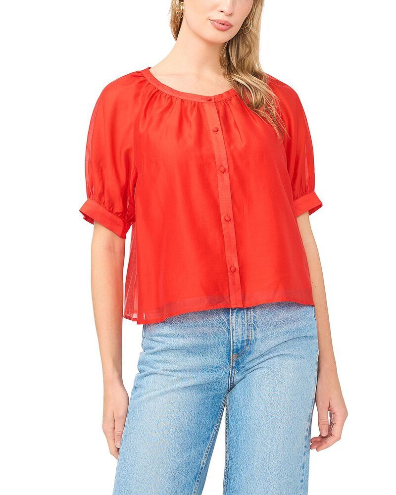 ヴィンスカムート レディース トップス シャツ ボタンダウン VINCE CAMUTO Scoop Neck Button Down Short Sleeve Top Lobstered レッド