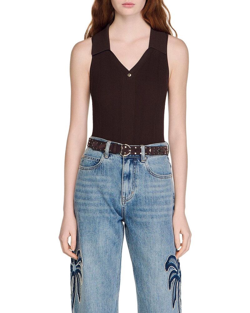 サンドロ レディース トップス ポロシャツ リブ ボディースーツ ニット Sandro Ribbed Knit Polo Bodysuit Brown ブラウン