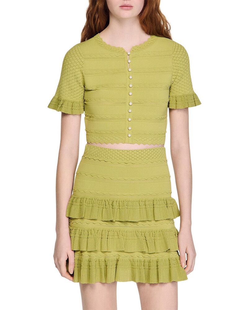 サンドロ レディース アウター カーディガン フリル クロップド Sandro Cropped Ruffled Sleeve Cardigan Green グリーン