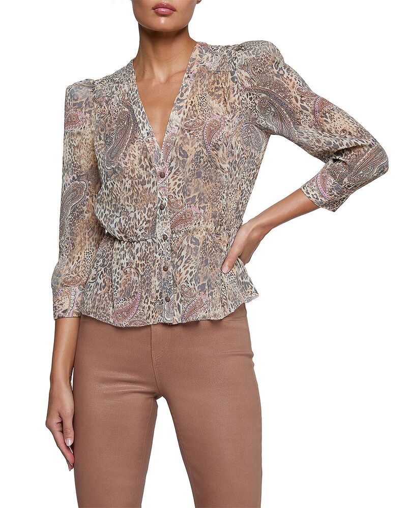 ラジャンス レディース トップス シャツ LAGENCE Suri Puff Sleeve Top TanMauve Leopard タン