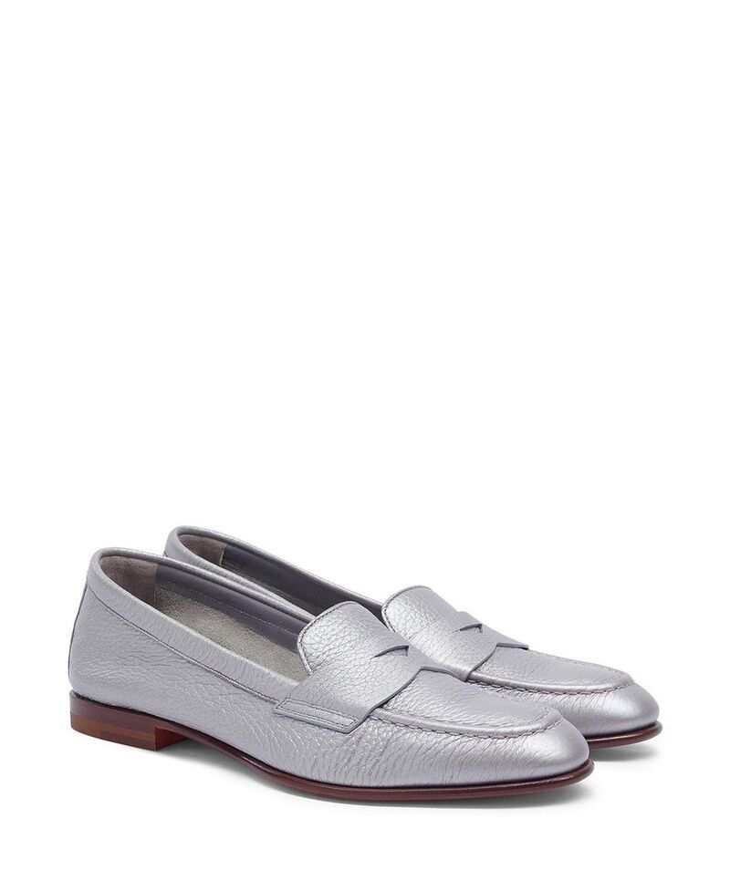 サントーニ レディース シューズ スリッポン・ローファー レザー Santoni Womens Tumbled Leather Penny Loafer Silver シルバー