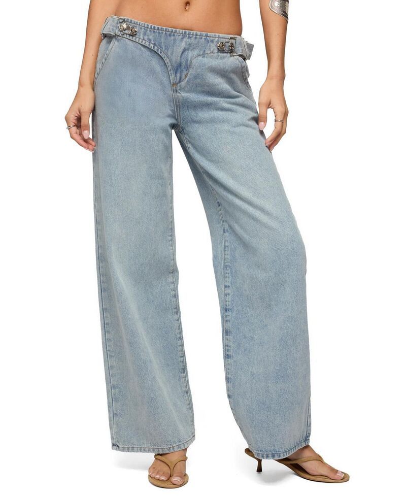 アディクテッド レディース ボトムス デニムパンツ ローライズ ジーンズ Edikted Buckled Low Rise Baggy Jeans LightBlueWashed ブルー