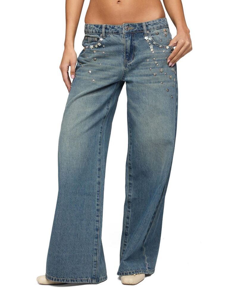 アディクテッド レディース ボトムス デニムパンツ ローライズ ジーンズ Edikted Mahlia Button Low Rise Baggy Jeans BlueVintageWashed ブルー