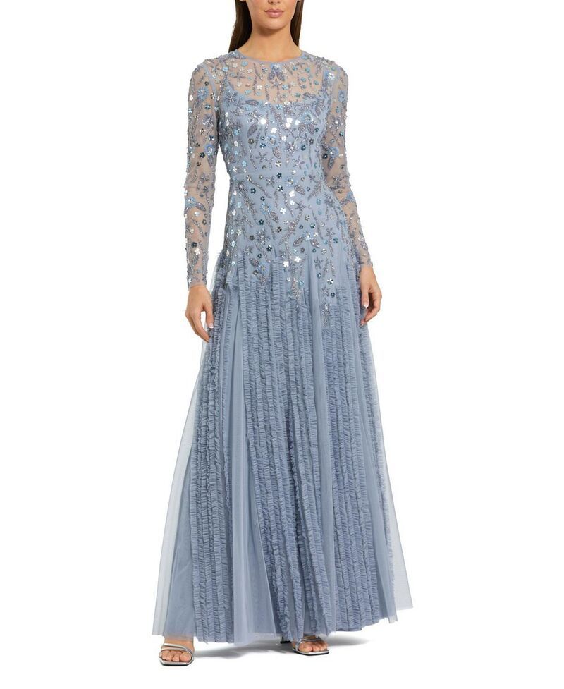 マックダガル レディース トップス ワンピース フリル裾 フリル メッシュ Mac Duggal Embellished Mesh Long Sleeve Ruffle hem Gown Slate Blue スレート