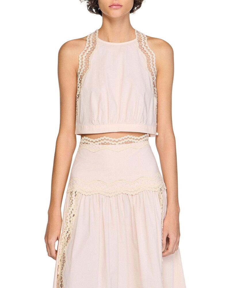 サンドロ レディース トップス シャツ レーストリム コットン レース Sandro Cotton Crop Top with Lace Trim Light Pink ピンク