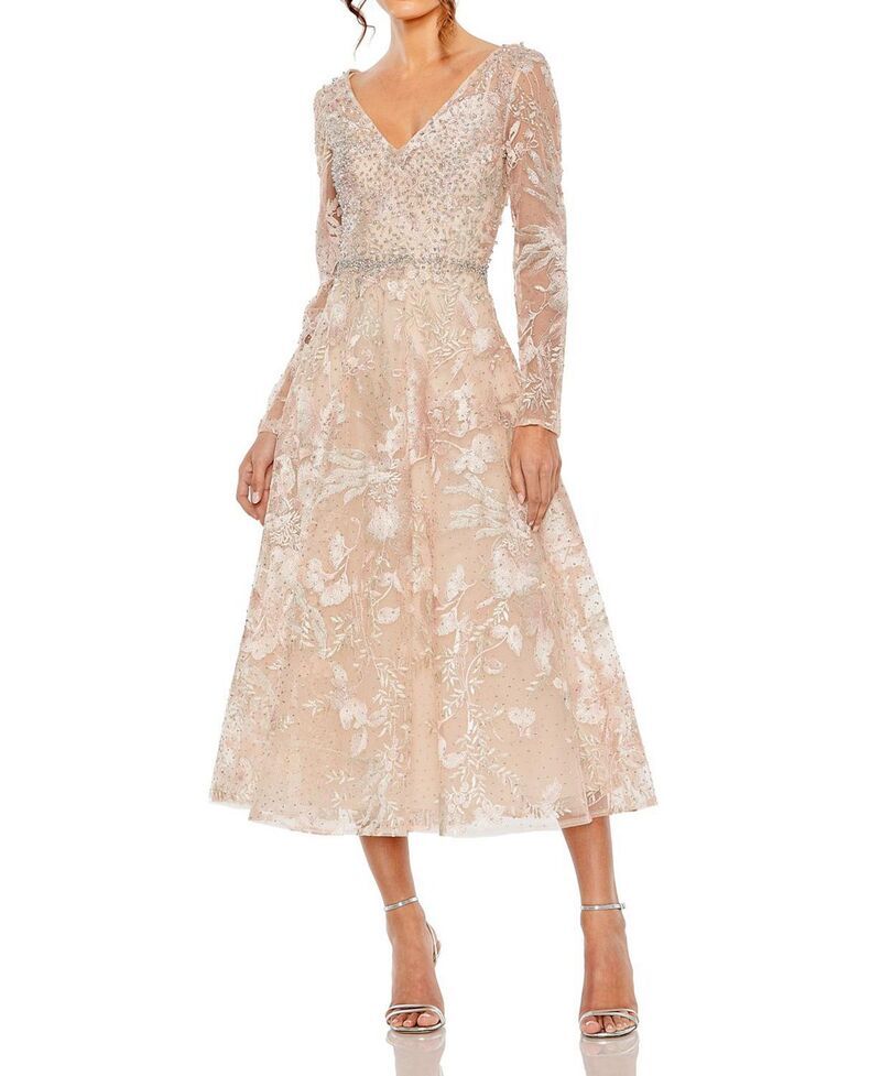 マックダガル レディース トップス ワンピース Vネック ミディ 刺繍 Mac Duggal Beaded Embroidered Long Sleeve V Neck Midi Dress Blush ブラッシュ