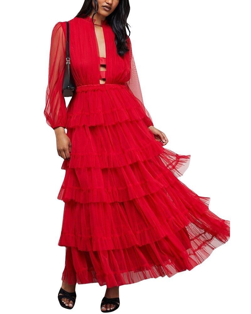 ウエアハウス レディース トップス ワンピース チュール フリル マキシ Warehouse Ruffle Neck Tulle Maxi Dress Red レッド