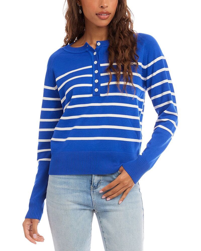 カレンケーン レディース アウター ニット・セーター Karen Kane Henley Stripe Sweater Sapphire Off White オフホワイト