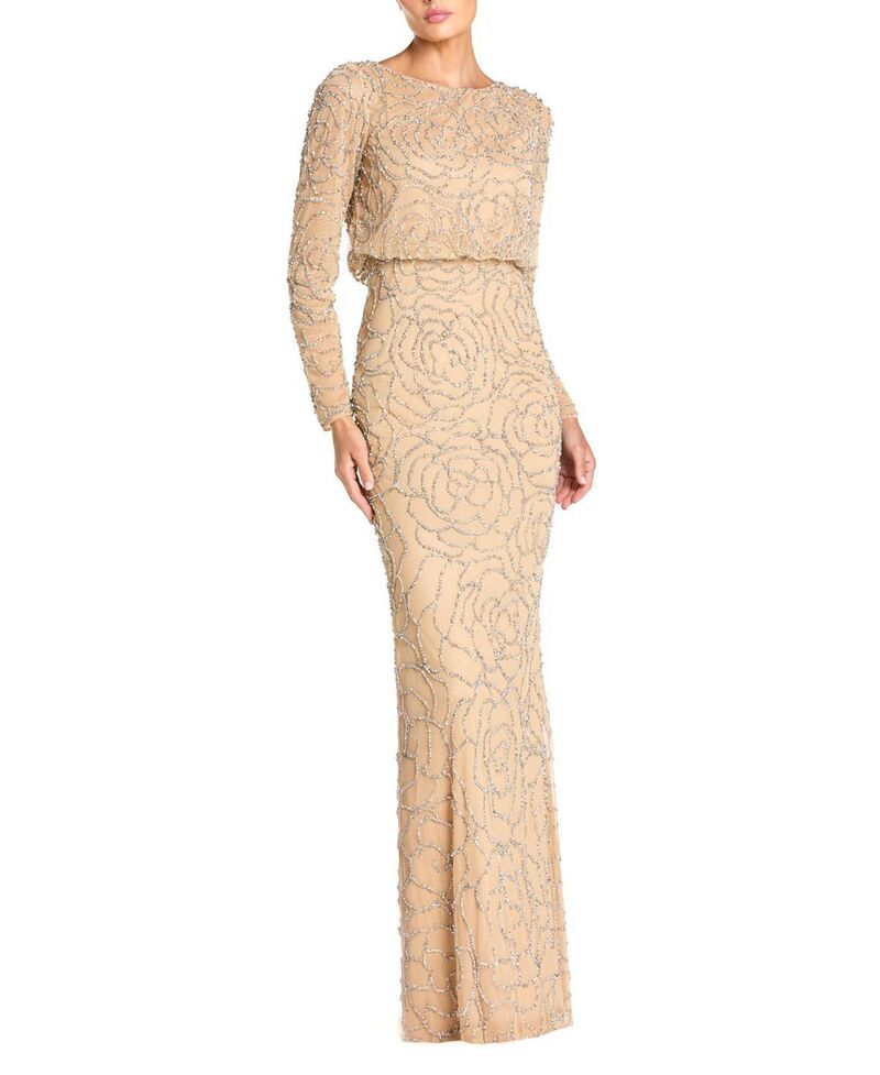 マックダガル レディース トップス ワンピース メッシュ Mac Duggal Beaded Mesh Long Sleeve Blouson Top Gownude Silver シルバー