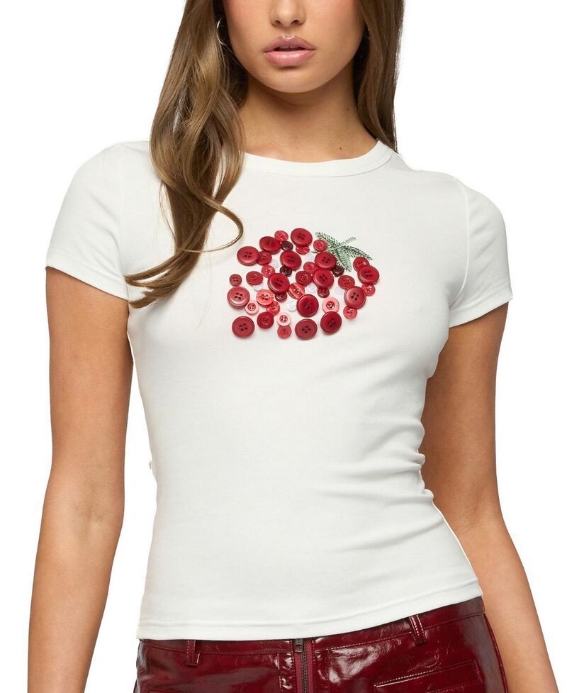 アディクテッド レディース トップス シャツ Edikted My Sweet Strawberry Button T Shirt White ホワイト