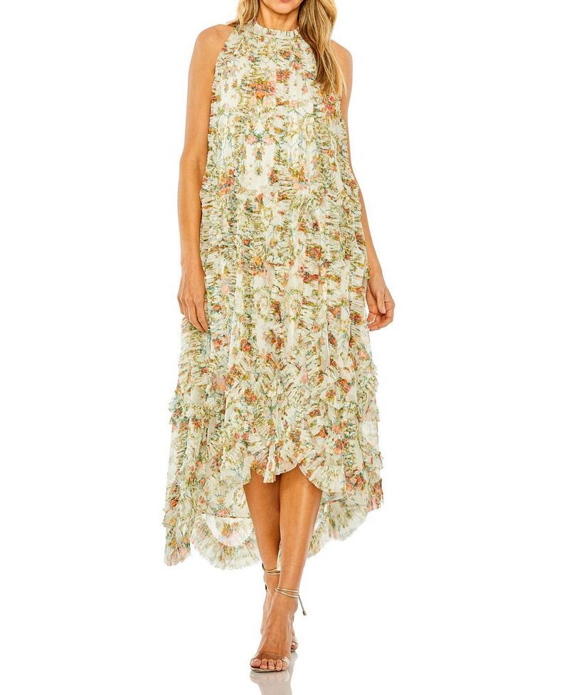 マックダガル レディース トップス ワンピース ハイネック フラワー柄 フリル ノースリーブ フラワー Mac Duggal Sleeveless High Neck Lattice Ruffle Floral Dress Ivory Multi アイボリー 90,090円