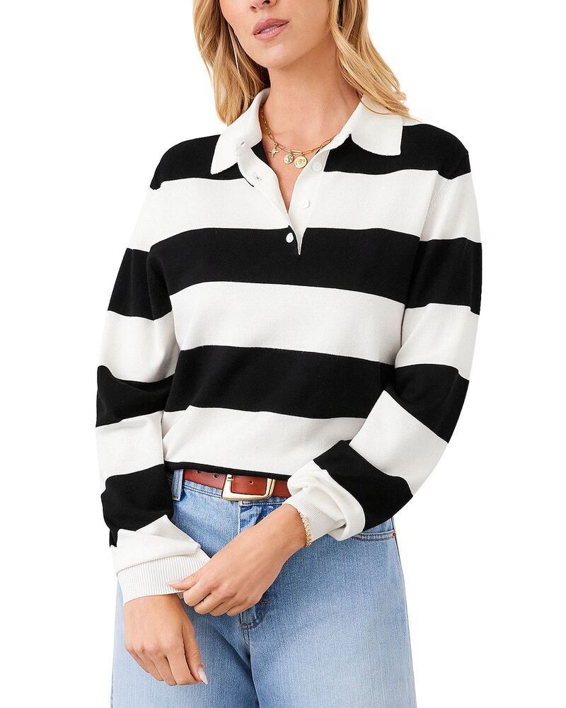カレンケーン レディース アウター ニット・セーター Karen Kane Stripe Collared Henley Sweater Off WhiteBlack オフホワイト
