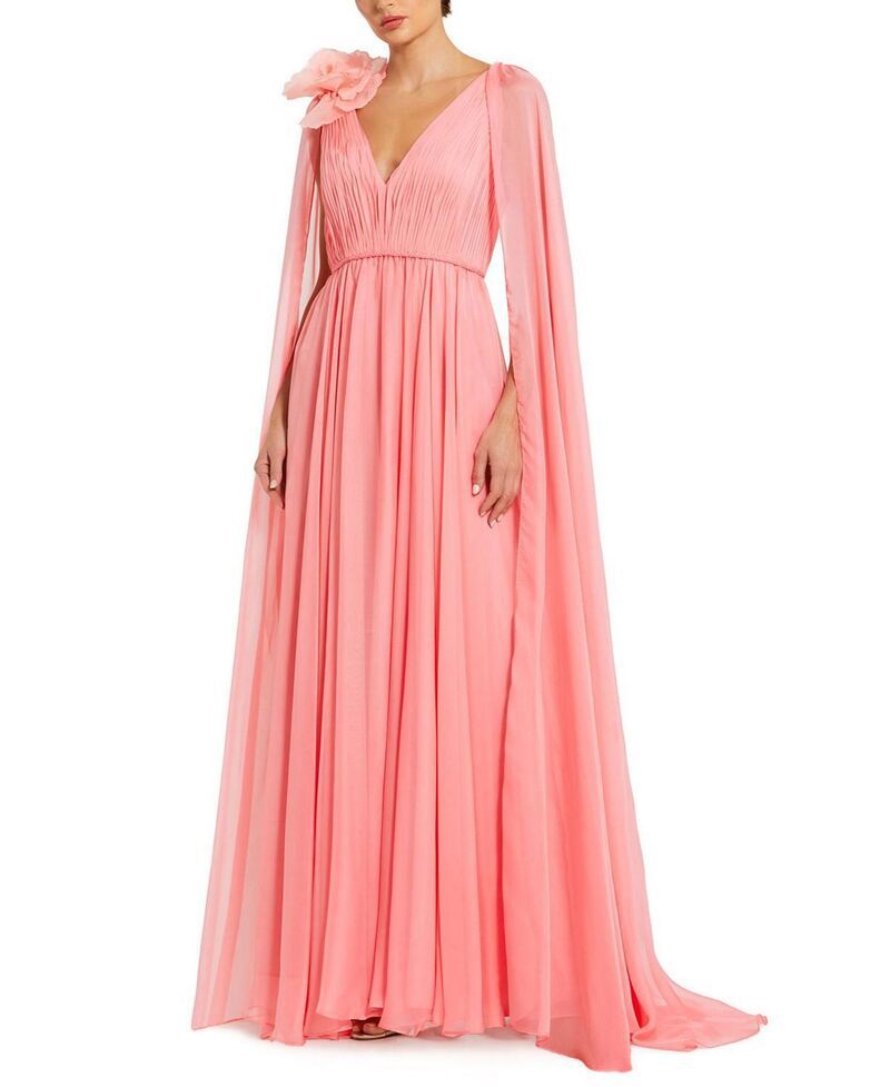マックダガル レディース トップス ワンピース Vネック シフォン ケープデザイン キャップ ケープ Mac Duggal Chiffon VNeck Gown With Cape Sleeves Hibiscus