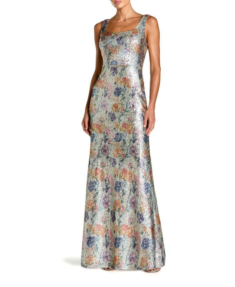 マックダガル レディース トップス ワンピース フラワー柄 スパンコール ノースリーブ フラワー Mac Duggal Floral Sequin Sleevelessquare Neck Fitted Gown Silver Multi シルバー
