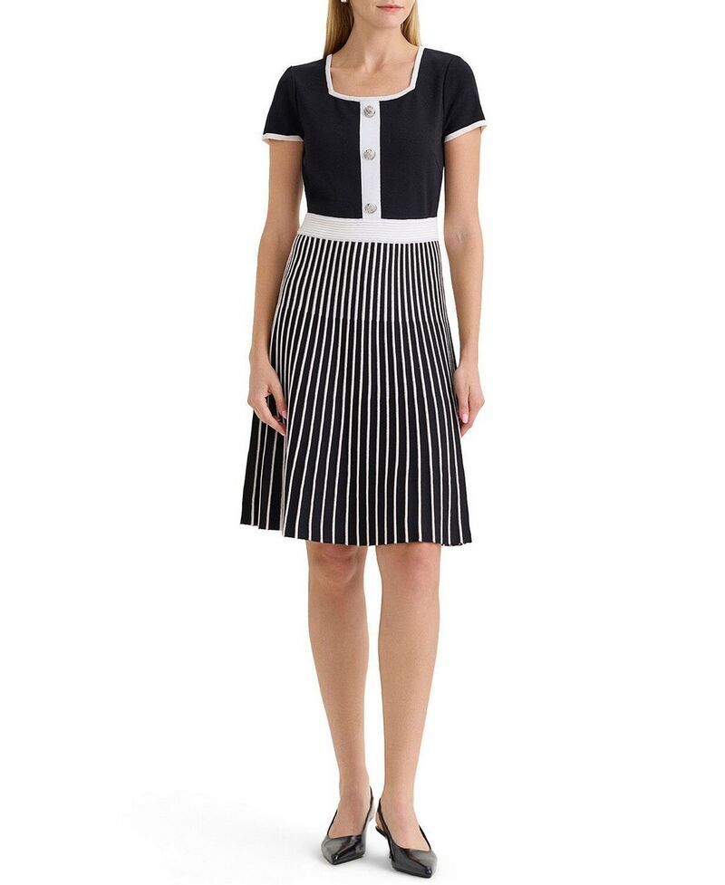 ミンウォン レディース トップス ワンピース ひざ丈 ニット Ming Wang FitNFlare Knee Length Soft Knit Dress Black White ホワイト