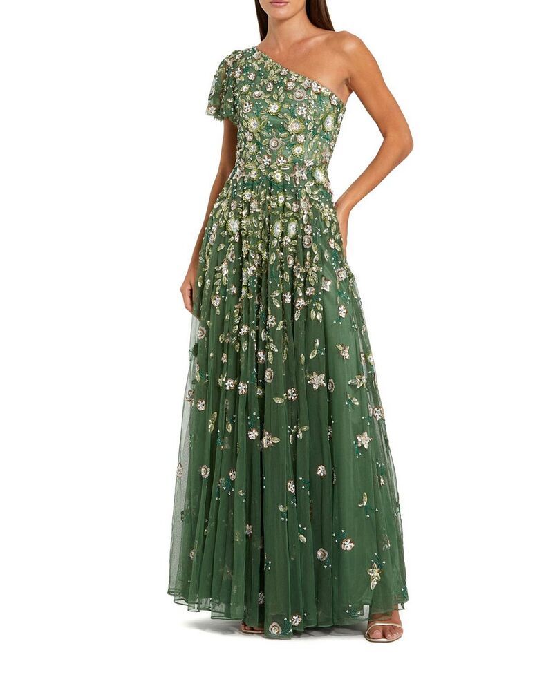 マックダガル レディース トップス ワンピース フラワー柄 メッシュ フラワー Mac Duggal Floral Embellished Mesh One Shoulder Gown Sage セージ