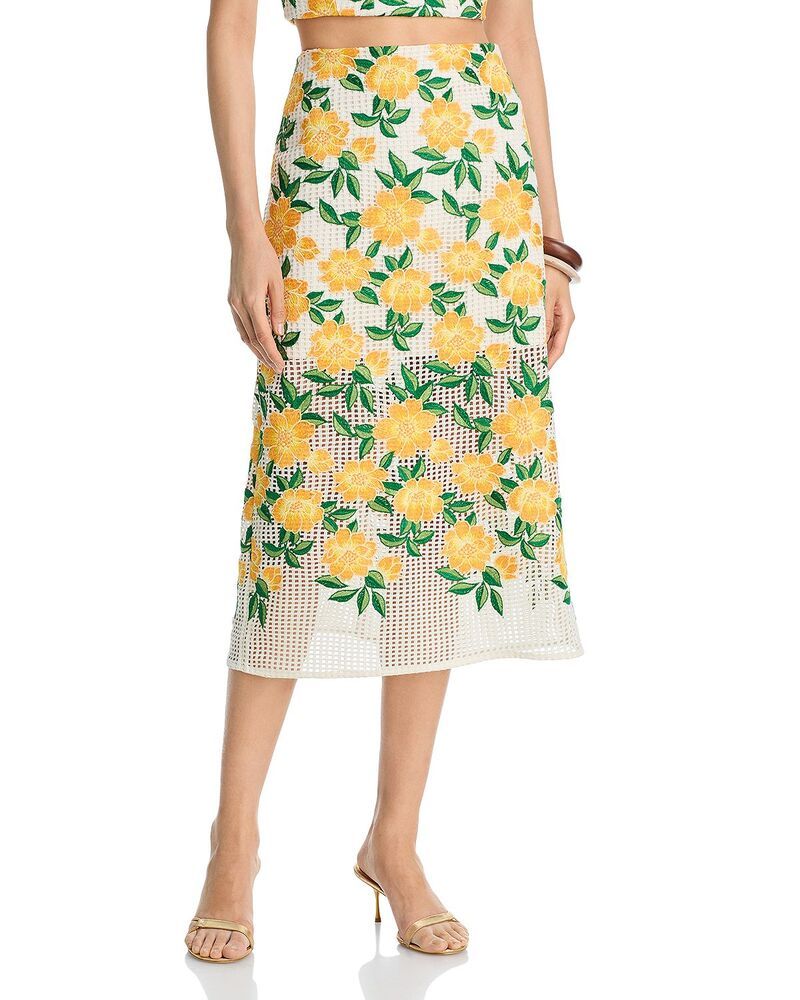 ミリー レディース ボトムスカート ミディ 刺繍 MILLY Marta Embroidered Midi Skirt Yellowgreen イエロー