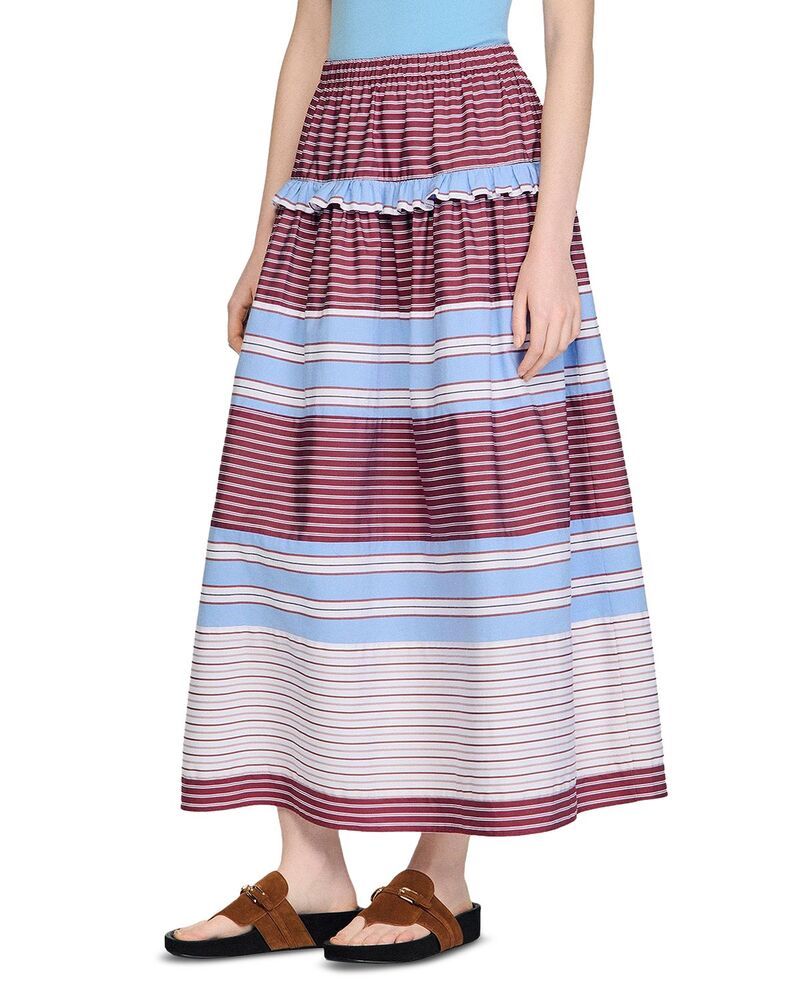 サンドロ レディース ボトムスカート コットン Sandro Long Striped Cotton Skirt Burgundy バーガンディ