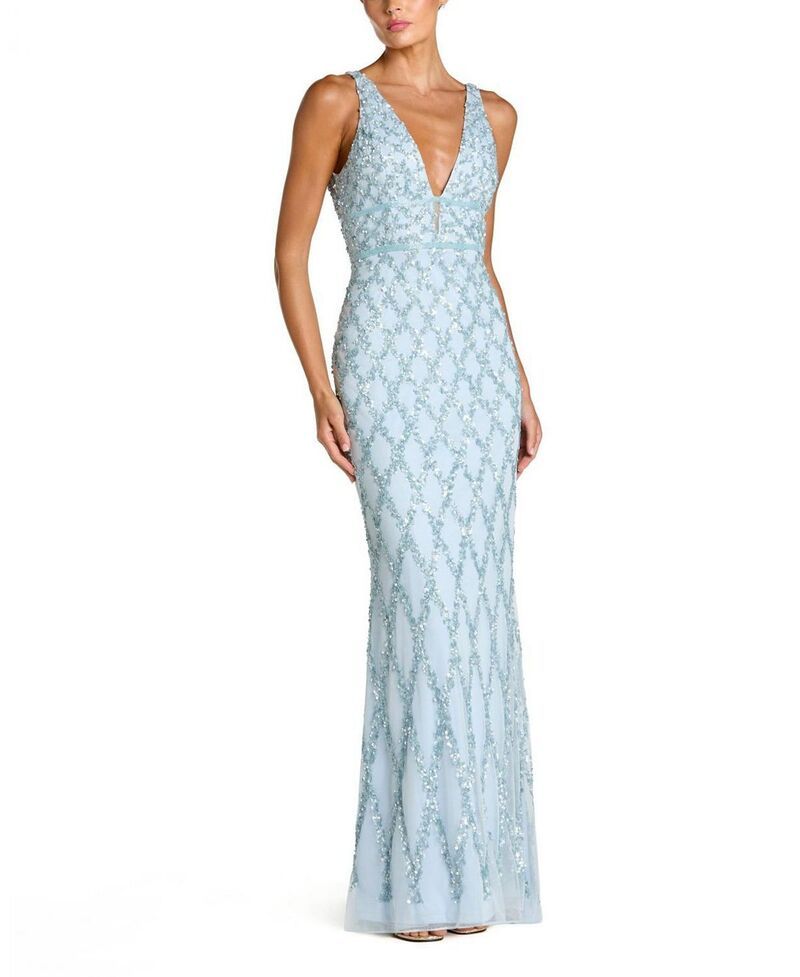 マックダガル レディース トップス ワンピースパンコール ノースリーブ Mac Duggal Sequined Plunge Neck Sleeveless Column Gown Ice Blue ブルー