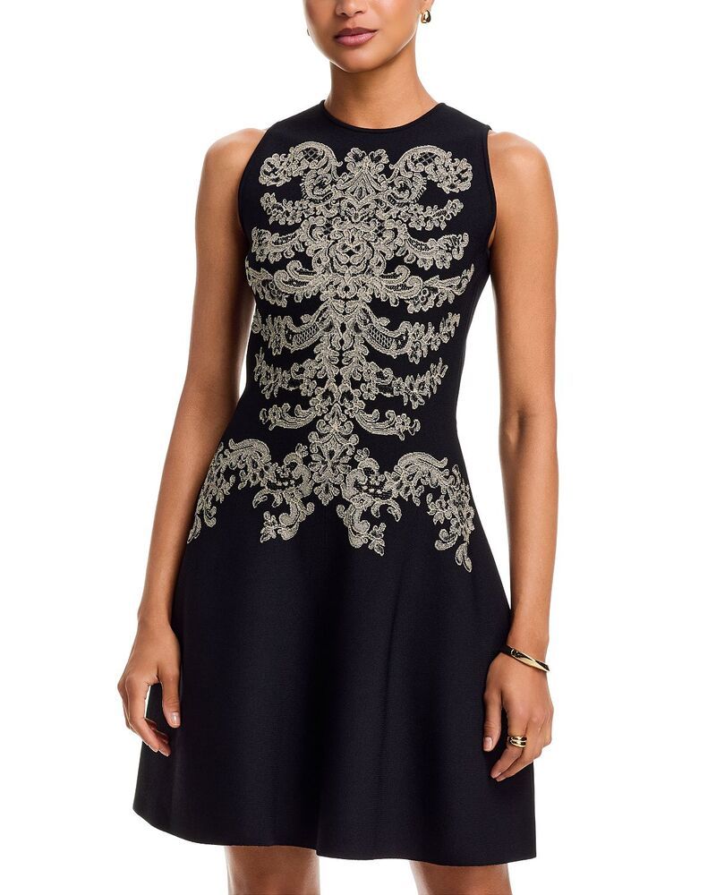 マックイーン レディース トップス ワンピース ミニ レース McQueen Lace Rib Cage Jacquard Mini Dress Grey Black ブラック