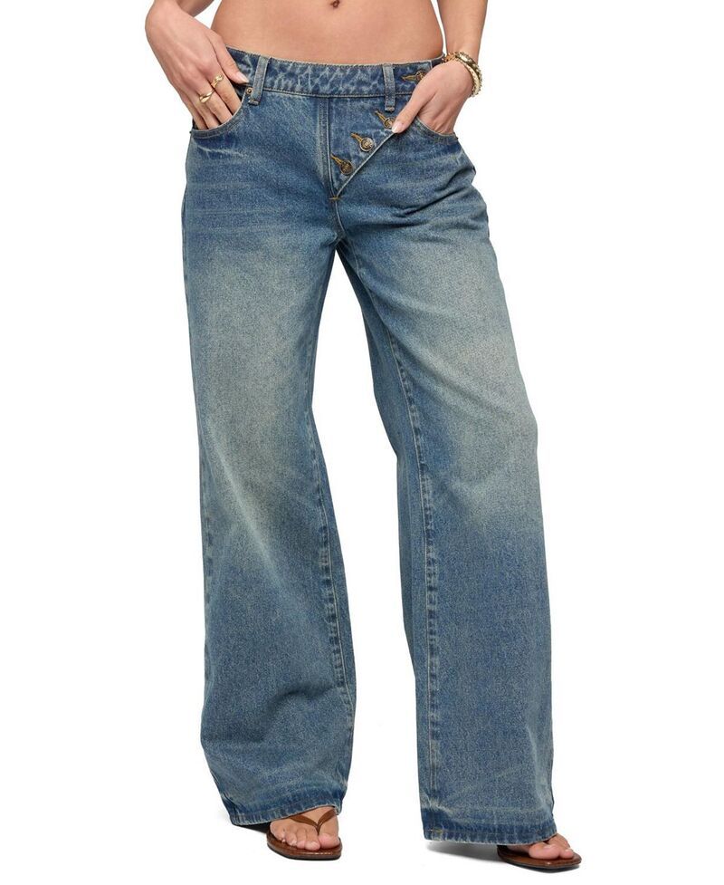 アディクテッド レディース ボトムス デニムパンツ ローライズ ジーンズ Edikted Moxlan Slanted Button Low Rise Baggy Jeans BlueWashed ブルー 22,896円