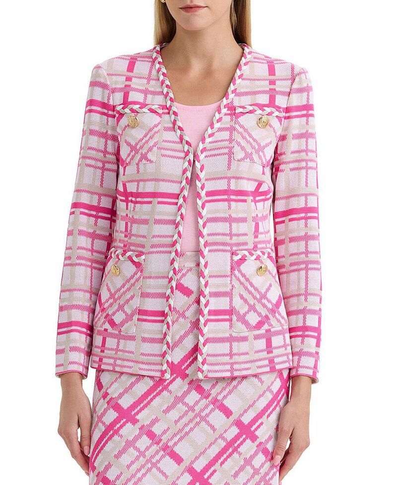 ミンウォン レディース アウター ジャケット・ブルゾン ニット Ming Wang Braided Trim Plaid Knit Jacket Rose Pink Limestone White ホワイト