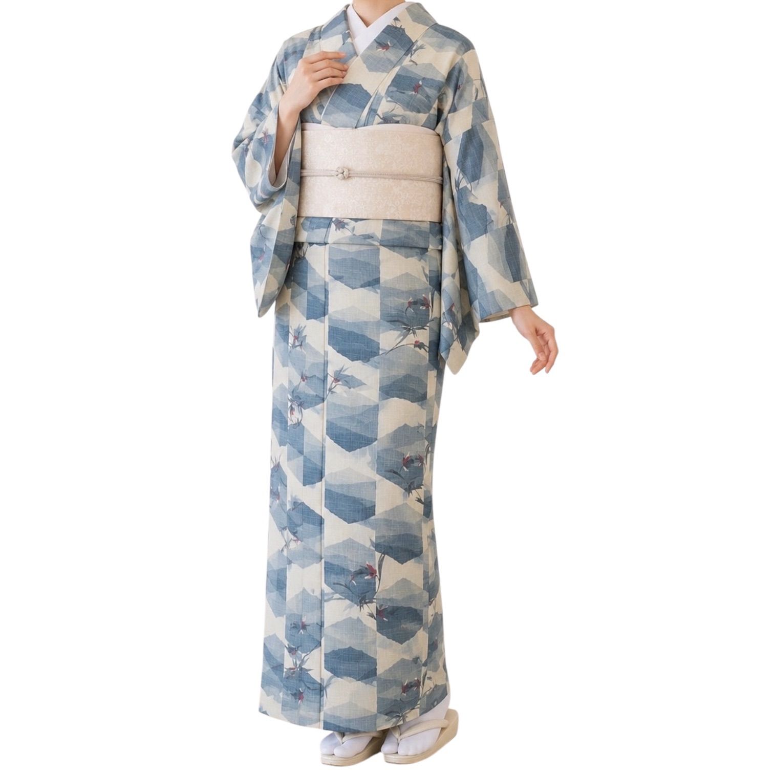 J885 単衣 洗える着物 紬調 ポリエステル 草花 和装 和服 夏物 着物
