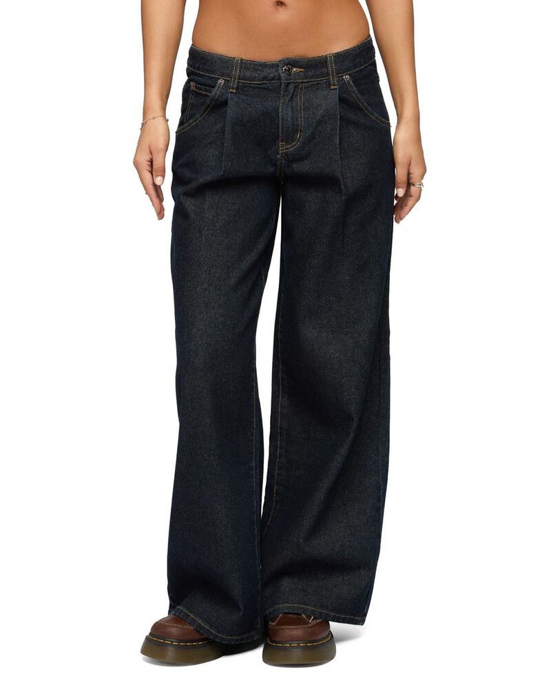 アディクテッド レディース ボトムス デニムパンツ ワイドレッグ ローライズ プリーツ ジーンズ Edikted Pleated Low Rise Wide Leg Jeans DarkBlueWashed ブルー